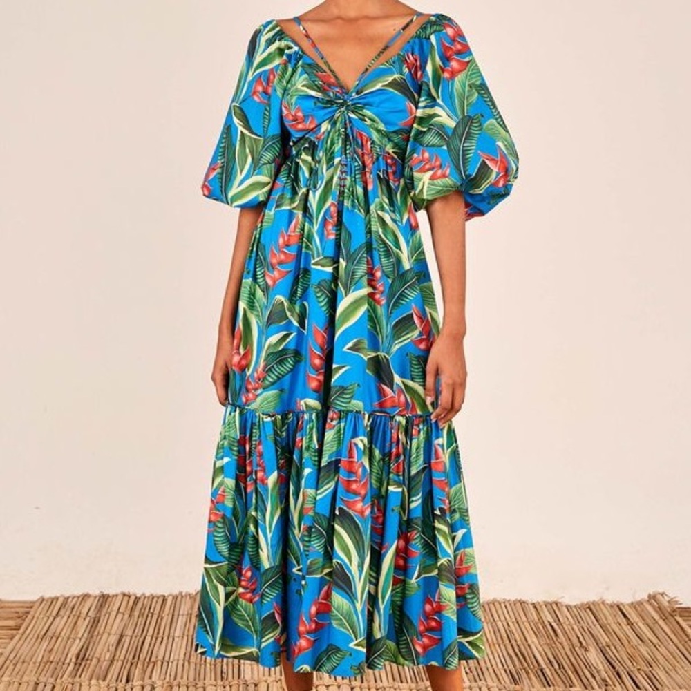 NWT FARM Rio Dream Garden Tropical Puff Sleeve Midi Dress | Blue Green, Medium